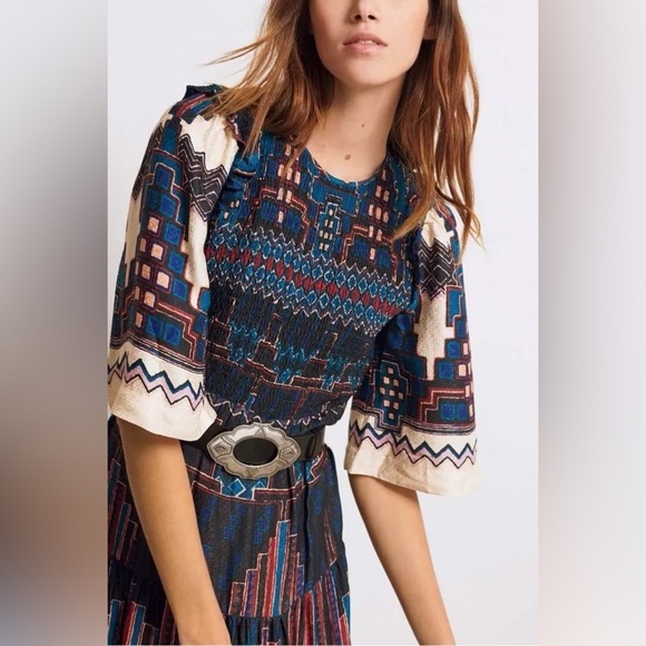 ba&sh Blue and White Smocked Mandie Midi Dress XS - Picture 6 of 16